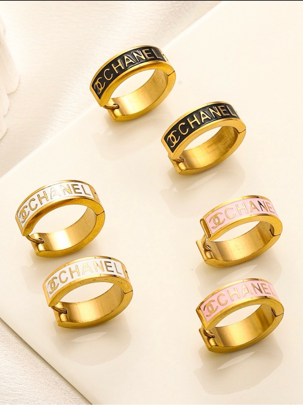 Minimalist Gold-Tone Enamel Logo Earring — Available in Black, White, Pink, Blue
